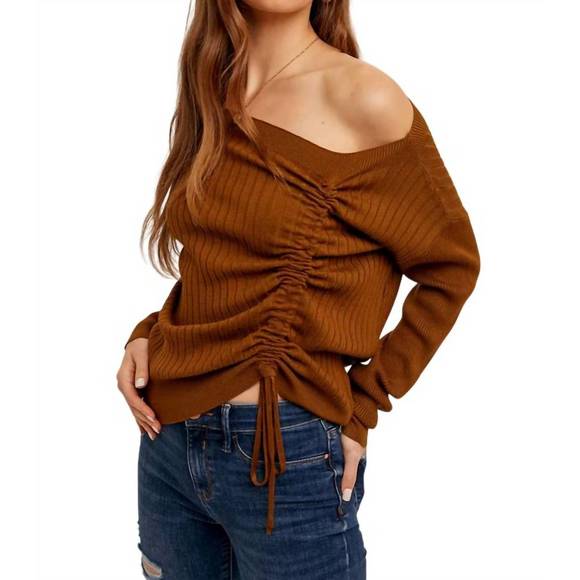 NEW HEM & THREAD ruched drawstring asymetrical sweater in chai - Picture 1 of 3